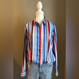 Ladies Long sleeve, fitted, blue and red striped Ralph Lauren blouse.